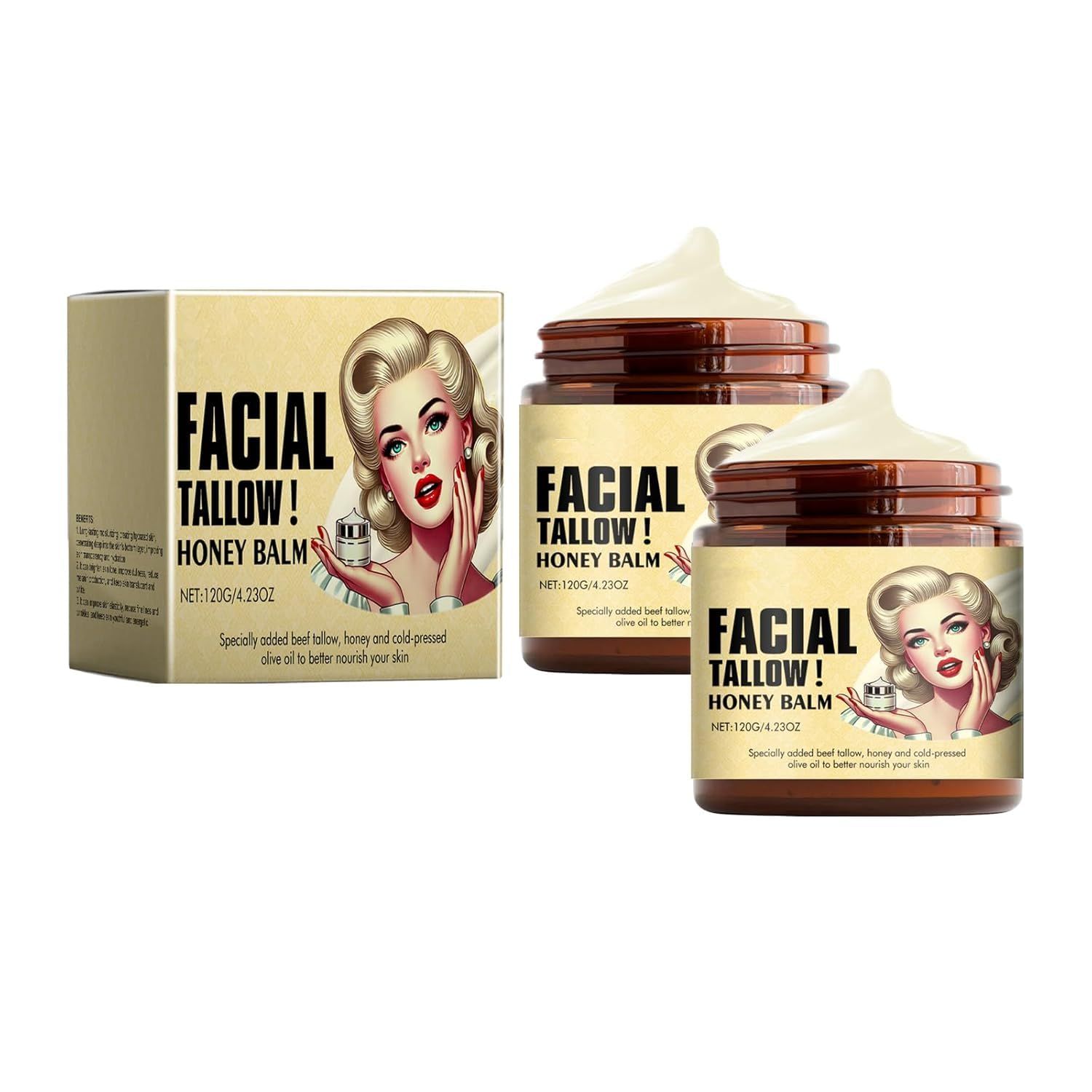 MUBSEOTH Whipped Beef Tallow and Honey Balm,Beef Tallow for Skin,Tallow Face Moisturizer,Tallow and Honey Balm,Grass Fed Grass Finished Face Cream (120G2pcs)