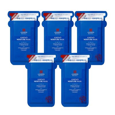 Leaders Mediu Amino Moisture Hydrating Facial Sheet Mask Natural Mineral Water, Hyaluronic Acid, Ceramide Anti-Aging, Soothes Dry Skin, Enhances Elasticity (5 Sheets)