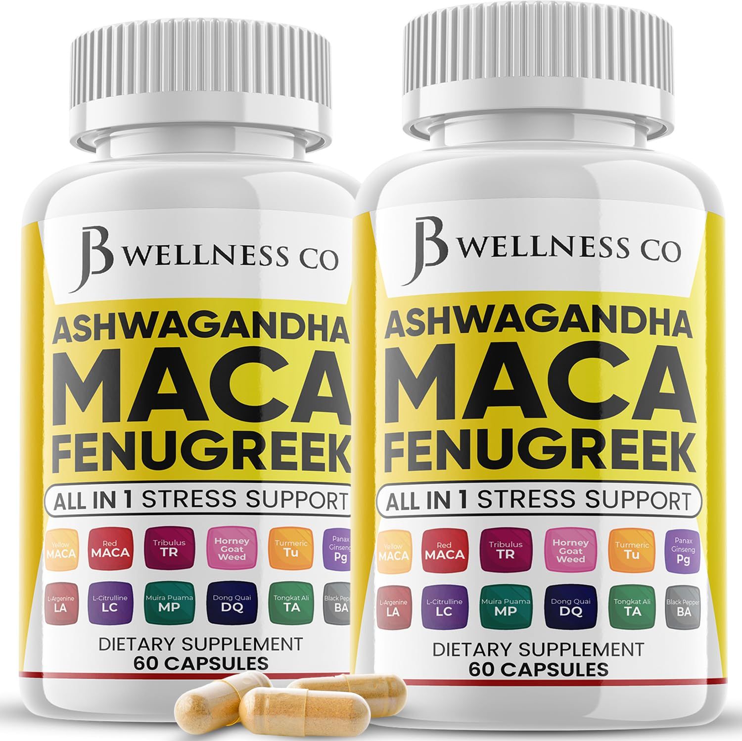 JB WELLNESS CO Ashwagandha Maca Root Fenugreek Supplement with Tongkat Ali Ginseng - Assists with Mood Thyroid Health - Made in USA - 120 Count