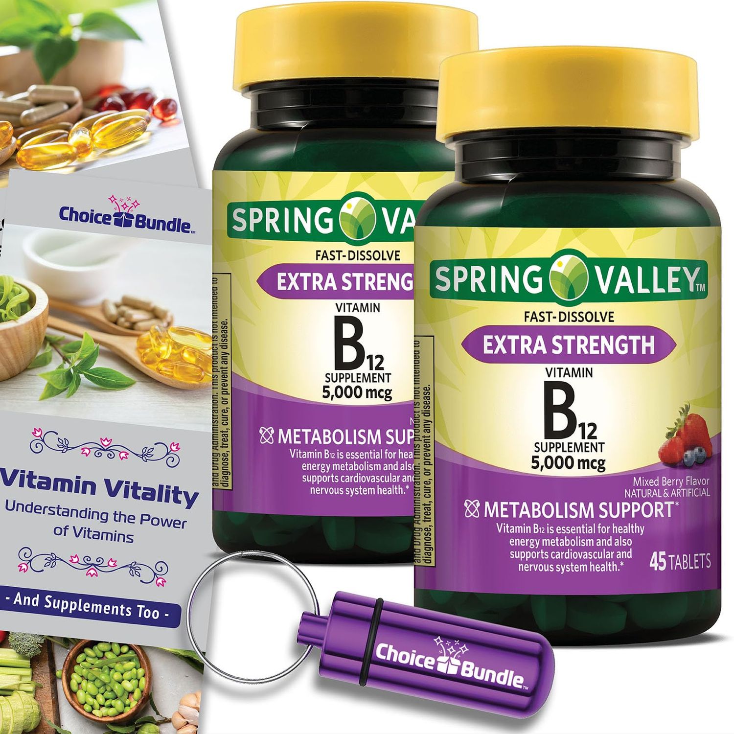 Choice Bundle Spring Valley Extra Strength Vitamin B12 Metabolism Support Fast Dissolve Tablets 5000 mcg 45 Ct 2 pk (90 Total) Vitamin Guide Pill Container (4 Items)!