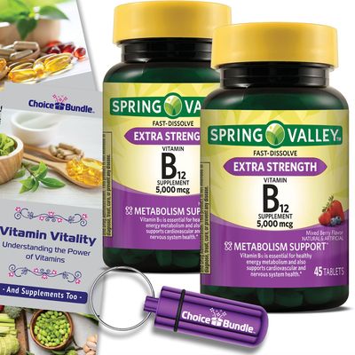 Choice Bundle Spring Valley Extra Strength Vitamin B12 Metabolism Support Fast Dissolve Tablets 5000 mcg 45 Ct 2 pk (90 Total) Vitamin Guide Pill Container (4 Items)!