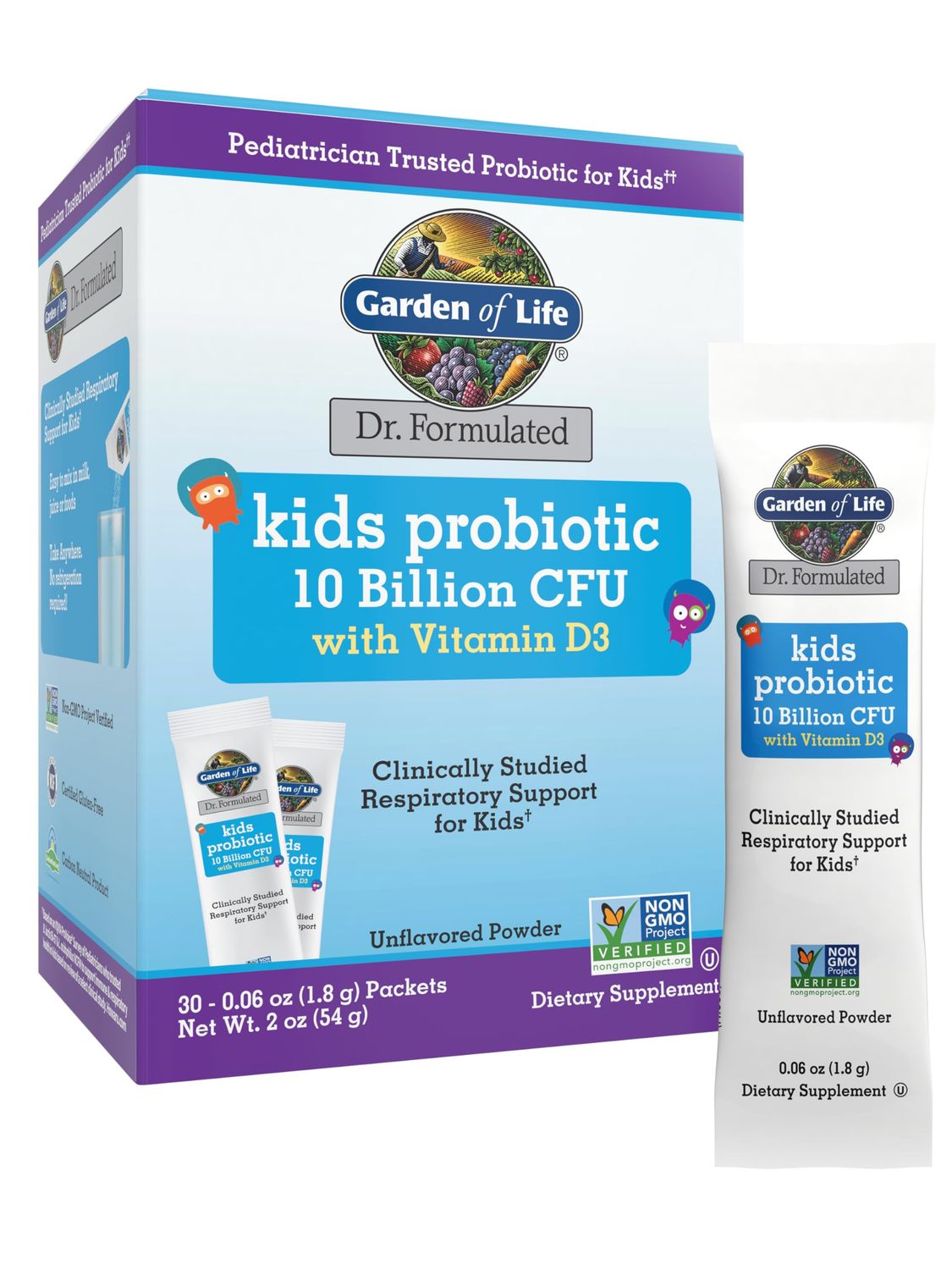 Garden of Life Dr. Formulated Kids&#39; 10 Billion CFU Probiotic Stick Pack with D3 - Supports Bones, Teeth Immune Function, Unflavored Powder, 30ct Carton