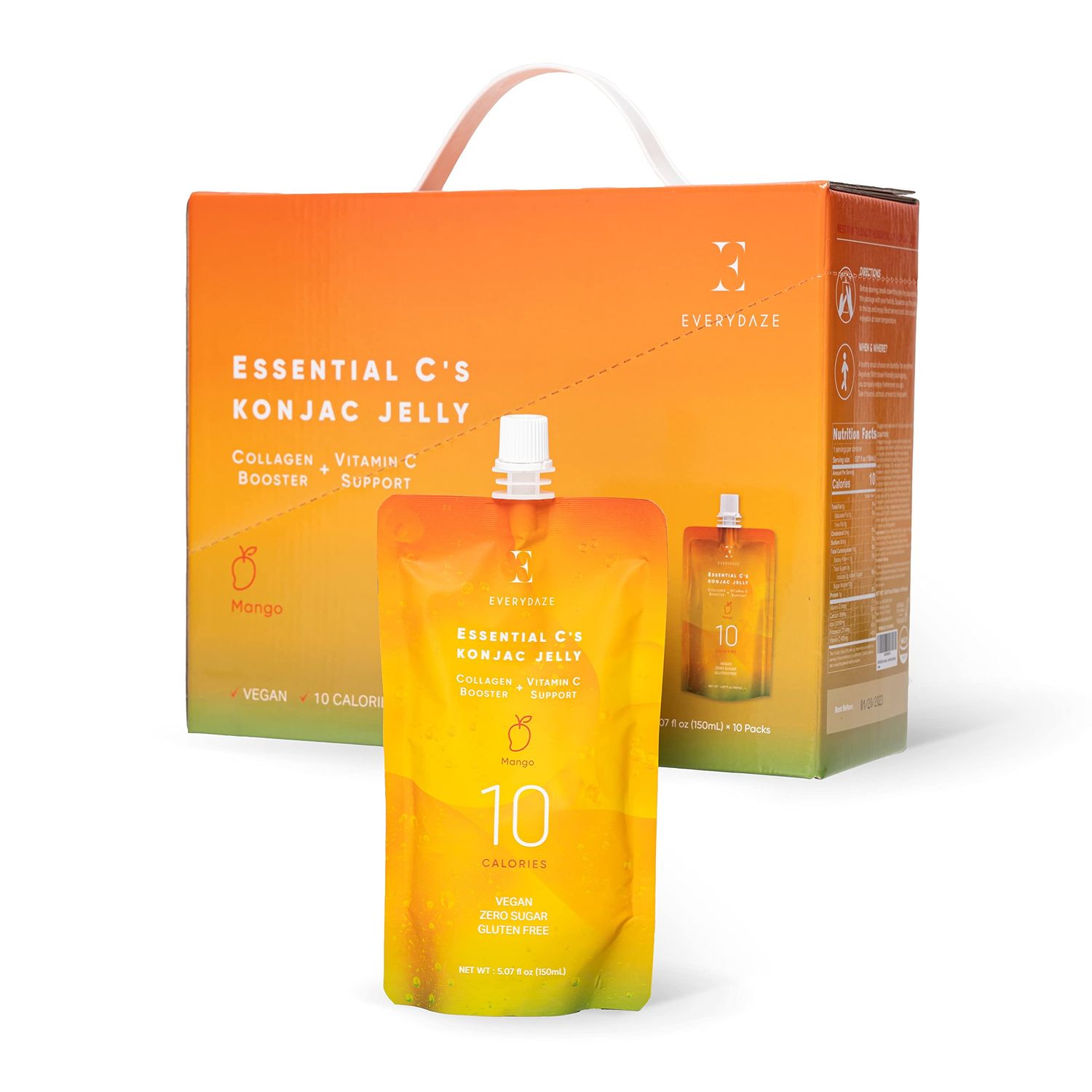 EVERYDAZE Essential C s Konjac Jelly Mango Vegan Collagen Peptides and Vitamin C Gluten Free, Sugar Free, Low Calorie Healthy Drinkable Fruit Snack 10 Pack Box Food Drink Pouch