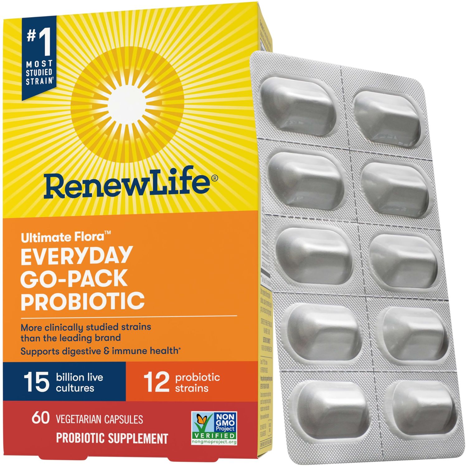 Renew Life Everyday Go-Pack Probiotic Capsules, Daily Supplement Supports Urinary, Digestive and Immune Health, L. Rhamnosus GG, Dairy, Soy and gluten-free, 15 Billion CFU, 60 Count