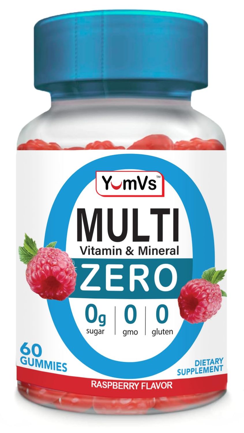 YUM-V&#39;S Multivitamin Zero Gummies by YumVs Sugar-Free Vitamins Supplement for Women Men Chromium, Thiamine, and Magnesium Natural Raspberry Flavor Chewables - 60 Count