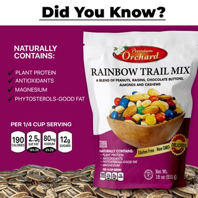 MIXED NUTS Rainbow Trail Mix by Premium Orchard - Healthy Trail Mix Variety Pack Peanuts Raisins Cashews Almonds Chocolate Buttons Heart Healthy Snacks for Adults and Kids Snacks Gluten Free Snacks