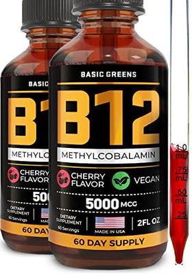 BASIC GREENS Vitamin B12 Sublingual (Vegan) 2 Fl Oz - Methylcobalamin B12 Vitamins 5000 mcg, B12 Liquid Drops, Methyl B12, Cherry Flavor