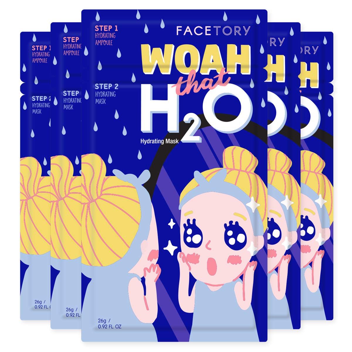 FACETORY K Beauty Face Mask Skin Care - Woah That H2O 2-Step Sheet Mask with Ceramide Sodium Hyaluronate Moisturizing, Balancing (5 Pack)