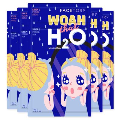 FACETORY K Beauty Face Mask Skin Care - Woah That H2O 2-Step Sheet Mask with Ceramide Sodium Hyaluronate Moisturizing, Balancing (5 Pack)