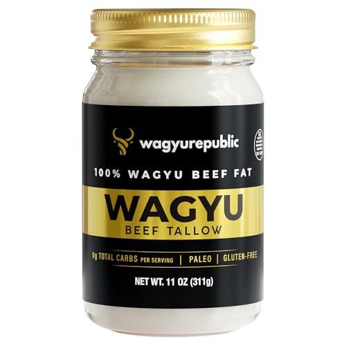 Wagyu Republic Beef Tallow 11oz Glass Jar, Grass Fed Wagyu Beef Tallow, Great for Cooking Steak or as Tallow Balm Keto, Gluten Free Protein Snacks for Adults, Perfect for Whole 30 or Carnivore Diet
