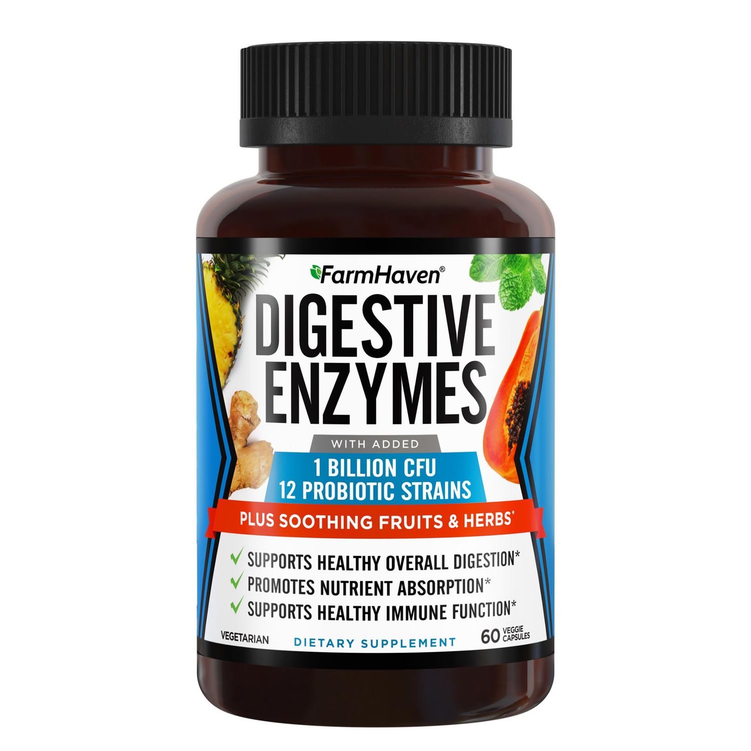 FarmHaven Digestive Enzymes with 18 Probiotics Herbs Papaya, Bromelain, Protease More for Lactose Absorption Better Digestion Helps Bloating, Gas, Constipation Vegetarian, 60 Capsules