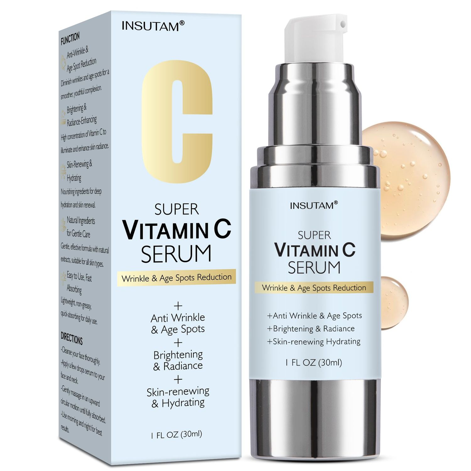 Insutam Vitamin C Face Serum with Hyaluronic Acid: Reduces Dark Spots - Anti Aging Facial Serum for All Skin Types 1 FL OZ