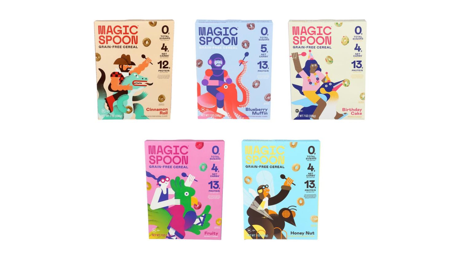 Magic Spoon Cereal Variety Pack - High Protein, 0g Sugar, Gluten-Free Cereals Breakfast - 4 Classic Flavors (Fruity, Peanut Butter, Chocolate Chip Cookie, and Honey Nut) - 5-Pack Box Set