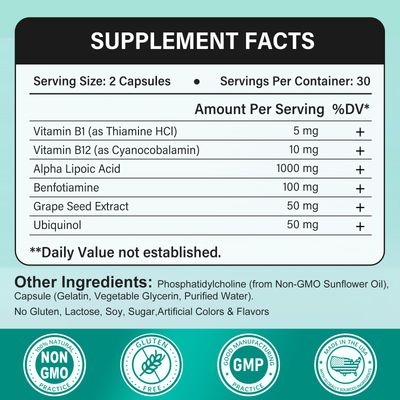 SUPRANOURISH Alpha Lipoic Acid 1200mg - ALA Supplement,Promote Antioxidant for Nerve, Energy and Metabolism,with Benfotiamine, Vitamins B1B12,60 Capsules