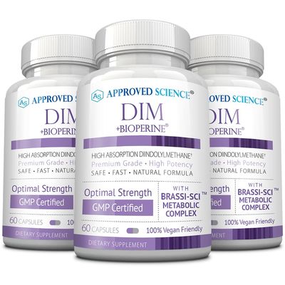 Approved Science DIM - Estrogen Metabolism Support - DIM, Broccoli Sprout, Mustard Seed, Calcium, BioPerine - Vegan - 3 Bottles -180 Capsules