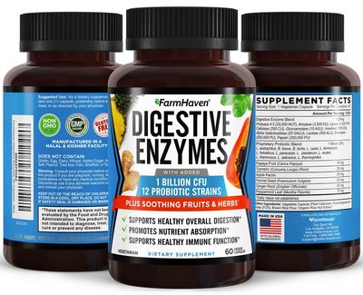 FarmHaven Digestive Enzymes with 18 Probiotics Herbs Papaya, Bromelain, Protease More for Lactose Absorption Better Digestion Helps Bloating, Gas, Constipation Vegetarian, 60 Capsules