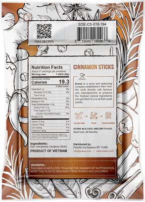 Soeos Cinnamon Sticks, 16 oz, Cinnamon, Ground Cinnamon, Cinnamon Sticks, 100 Raw, Non-GMO, Kosher Certified, Cinnamon Seasoning Spice for Coffee, Baking, Cooking and Beverages 1 Lb (454g)