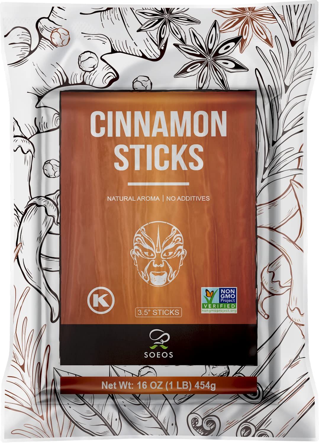 Soeos Cinnamon Sticks, 16 oz, Cinnamon, Ground Cinnamon, Cinnamon Sticks, 100 Raw, Non-GMO, Kosher Certified, Cinnamon Seasoning Spice for Coffee, Baking, Cooking and Beverages 1 Lb (454g)