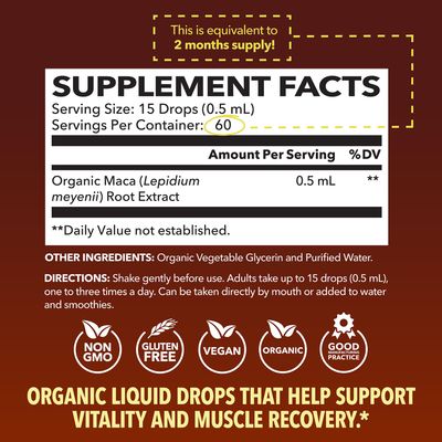 Organic Maca Root Liquid Drops - Supports Hormone Balance, Mood, and Energy in Women and Men - Lepidium Meyenii to Support Performance and Vitality - Non-GMO, Vegan, Unflavored - 60 Servings