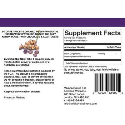 Addictive Wellness Black Ginger Capsules 450mg, Kaempferia Parviflora Supplement to Support Energy, Metabolism, Endurance Performance, Thai Black Ginger for Men, Vegan Paleo, 100 Count