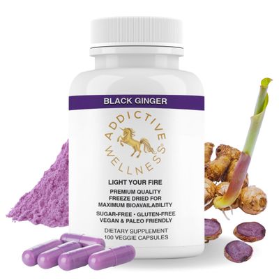Addictive Wellness Black Ginger Capsules 450mg, Kaempferia Parviflora Supplement to Support Energy, Metabolism, Endurance Performance, Thai Black Ginger for Men, Vegan Paleo, 100 Count
