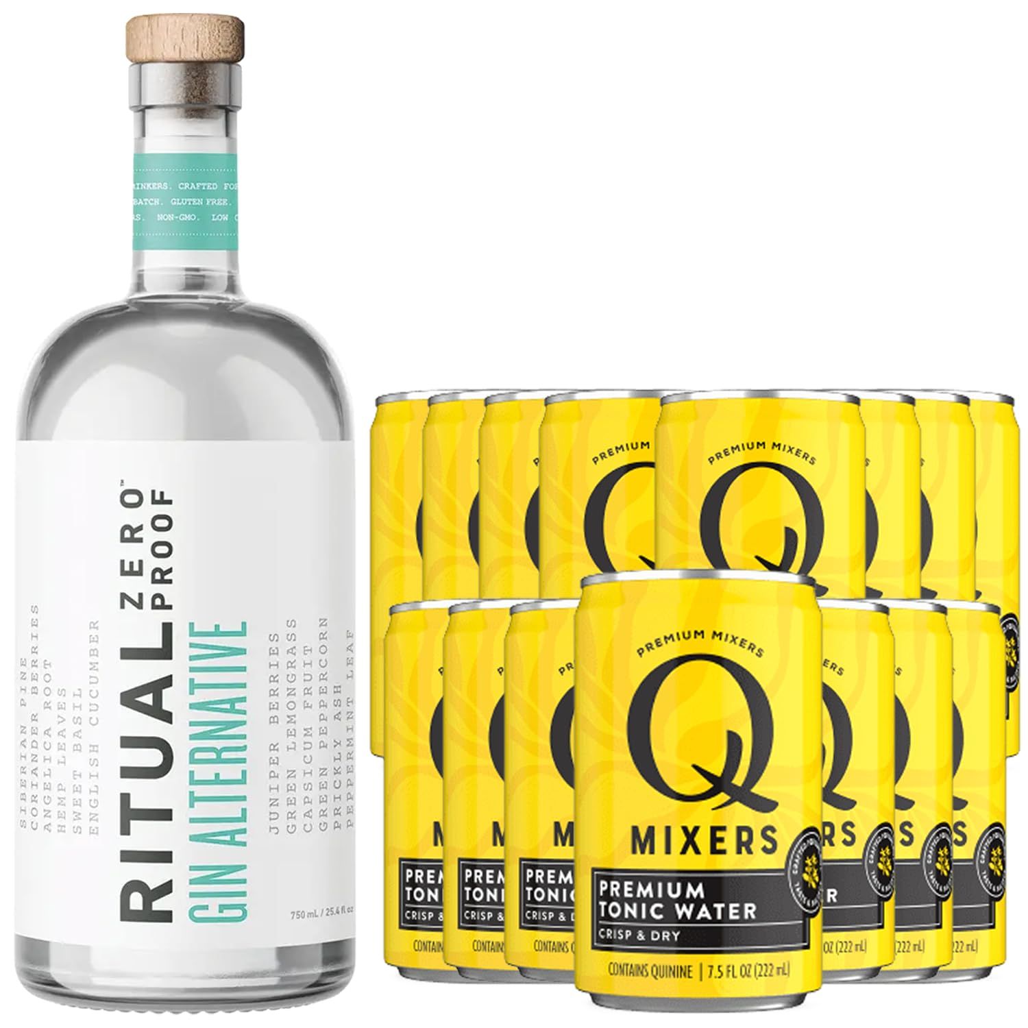 Ritual Zero Non-Alcoholic Gin Alternative with 15 Pack of Q Mixers Tonic Water for your favorite Alcohol-Free Mixed Drink