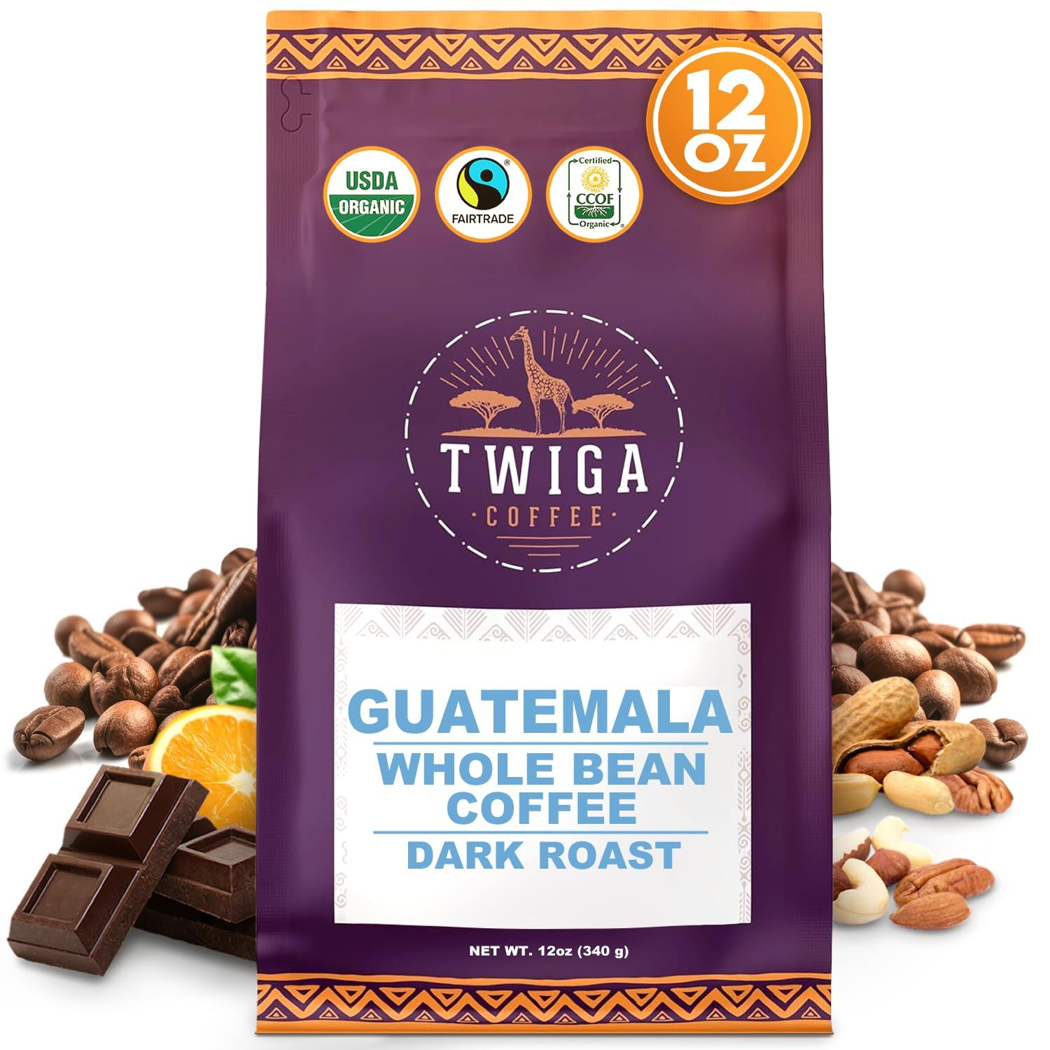 Twiga Coffee Guatemala Coffee Beans - Organic Dark Roast Arabica Whole Bean Coffee with Chocolate, Nutty, and Orange Notes, Single Origin, Fresh Roasted from Guatemala - 12 oz