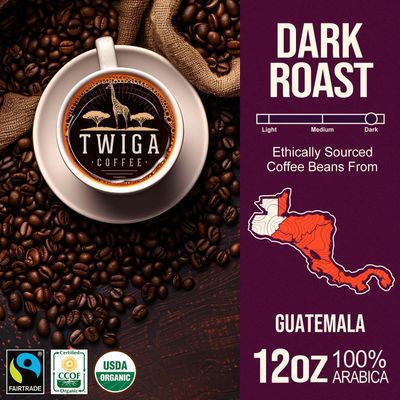 Twiga Coffee Guatemala Coffee Beans - Organic Dark Roast Arabica Whole Bean Coffee with Chocolate, Nutty, and Orange Notes, Single Origin, Fresh Roasted from Guatemala - 12 oz