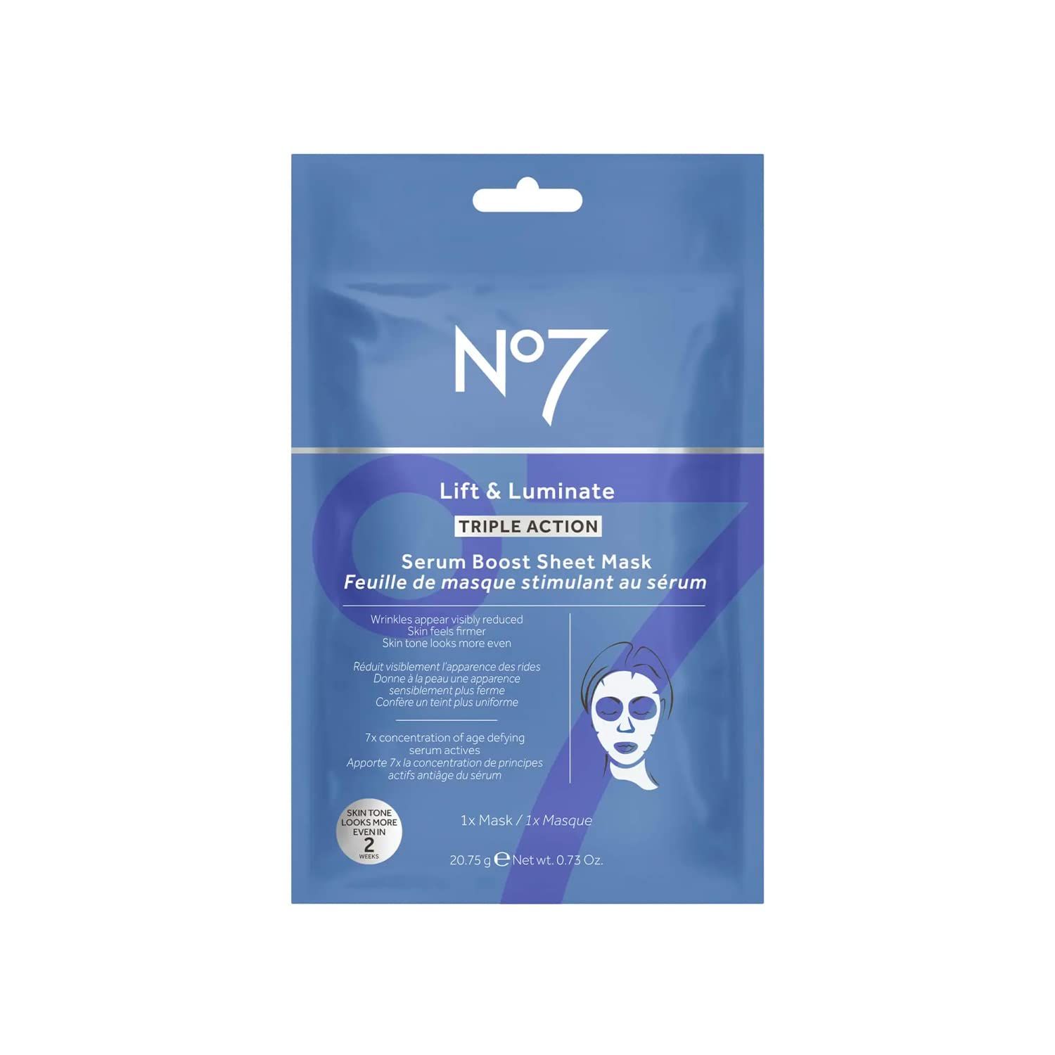 No7 Lift Luminate Triple Action Serum Boost Sheet Mask - Radiant Skin Firming Anti Aging Face Mask with Hyaluronic Acid Hibiscus - Vitamin C Brightening Hydrating Sheet Mask