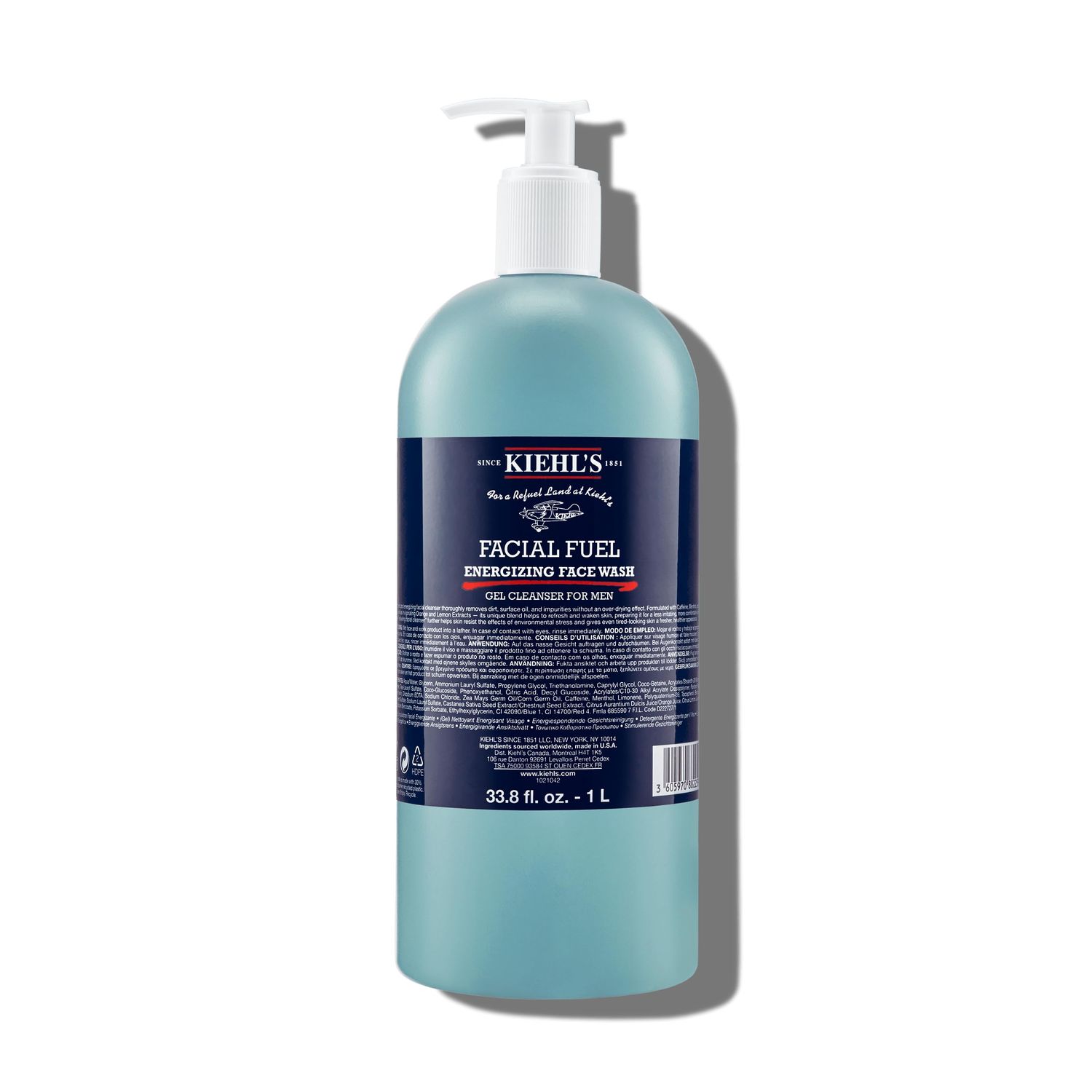 Kiehl&#39;s Facial Fuel Face Wash, Refreshing Invigorating Men&#39;s Gel Cleanser, with Caffeine, Vitamin E and Menthol, Non-Drying Formula Moisturizes Skin, Great for Clogged Pores - 33.8 fl oz