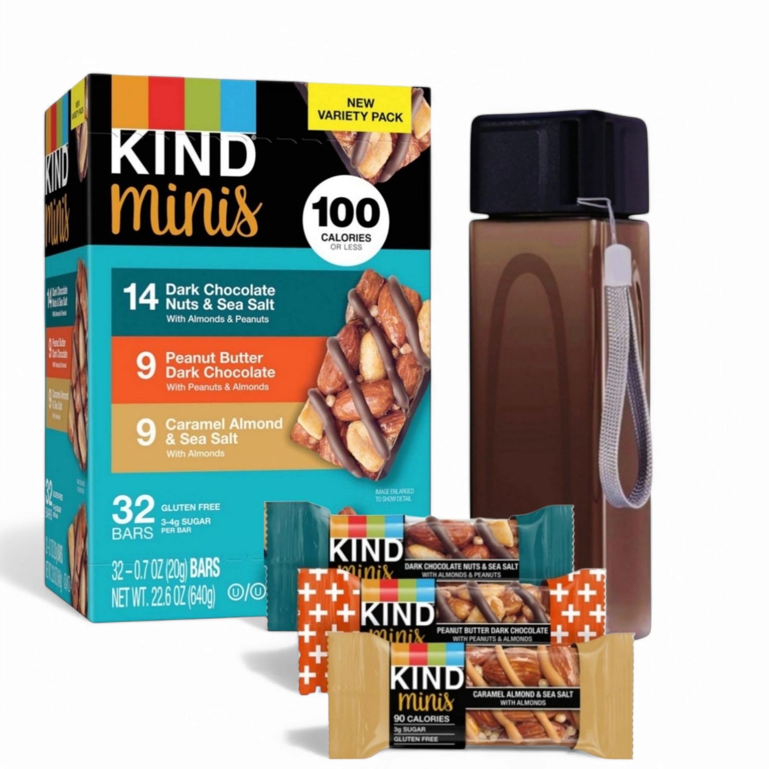 KIND&#39;s Minis Dark Chocolate Nuts Sea Salt, Peanut Butter Dark Chocolate, and Caramel Almond Sea Salt bars snack variety pack. 32 Count by MOOCHI Packaging
