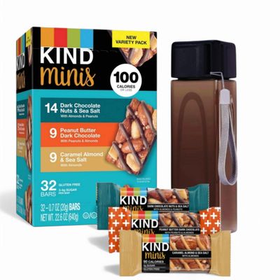 KIND&#39;s Minis Dark Chocolate Nuts Sea Salt, Peanut Butter Dark Chocolate, and Caramel Almond Sea Salt bars snack variety pack. 32 Count by MOOCHI Packaging