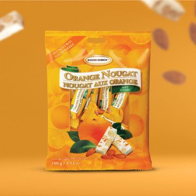 Golden Bonbon Italian Soft Orange Almond Nougat Candy, Individually Packed Chewy, Gluten Free Nougat, Full of Almonds, Halal Candy 3.53 Ounces (Almond Orange - Pack of 1)