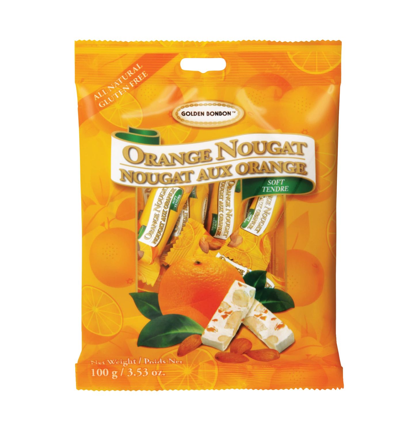 Golden Bonbon Italian Soft Orange Almond Nougat Candy, Individually Packed Chewy, Gluten Free Nougat, Full of Almonds, Halal Candy 3.53 Ounces (Almond Orange - Pack of 1)