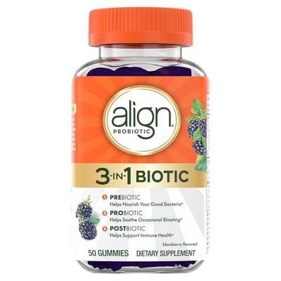 Align Probiotic, 3-in-1 Biotic Gummies, Prebiotic Probiotic Postbiotic, 1 Doctor Recommended Probiotic Brand , Helps Relieve Occasional Bloating, BlackBerry Flavor, 50 Gummies