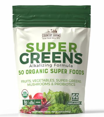 COUNTRY FARMS Super Greens Natural Flavor, 50 Organic Super Foods, USDA Organic Drink Mix, Fruits, Vegetables, Super Greens, with Fiber, Mushrooms Probiotics, Supports Energy, 60 Servings, 900g