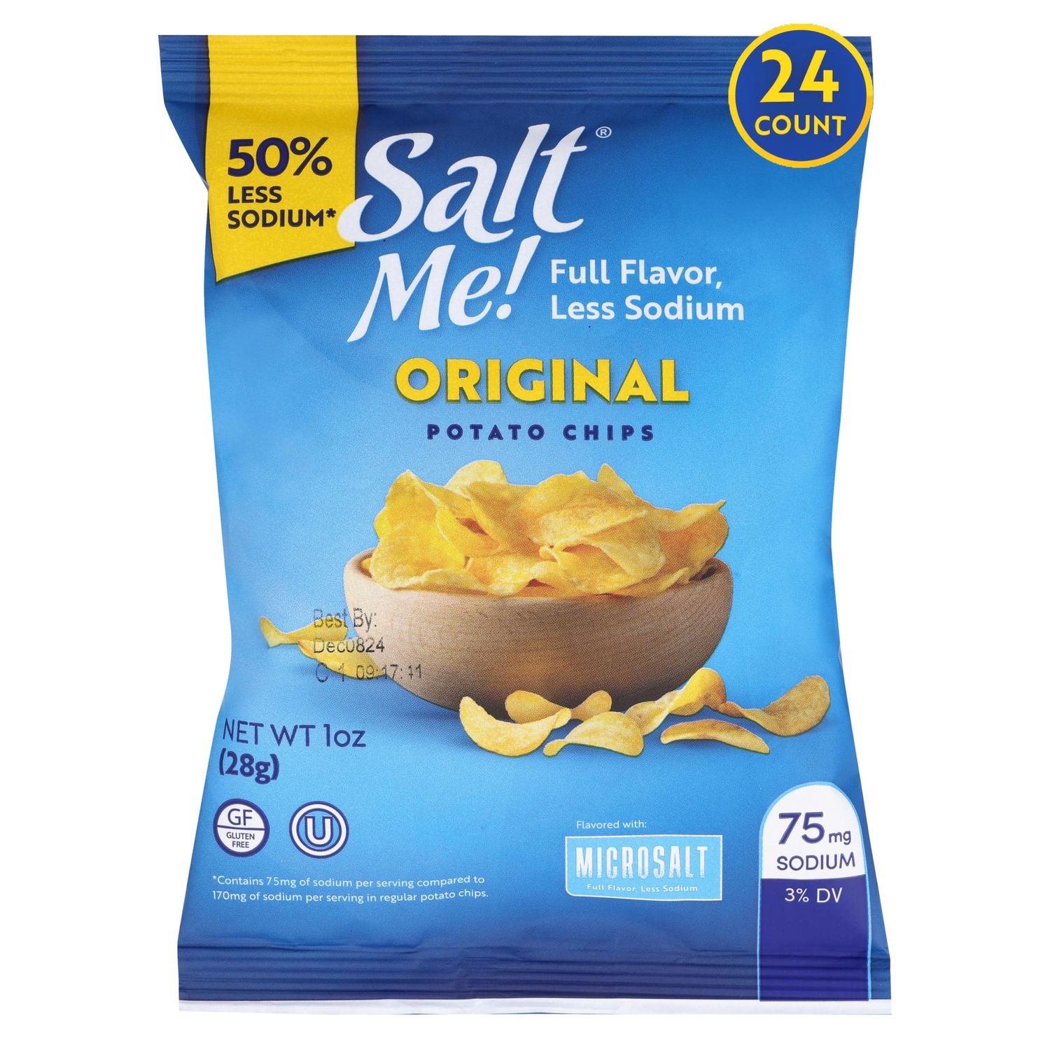 SaltMe! Original Potato Chips - 24 count 1oz Bags - 50 Less Sodium, Kosher, Non-GMO, Gluten Free - Less Salt, Great Flavor