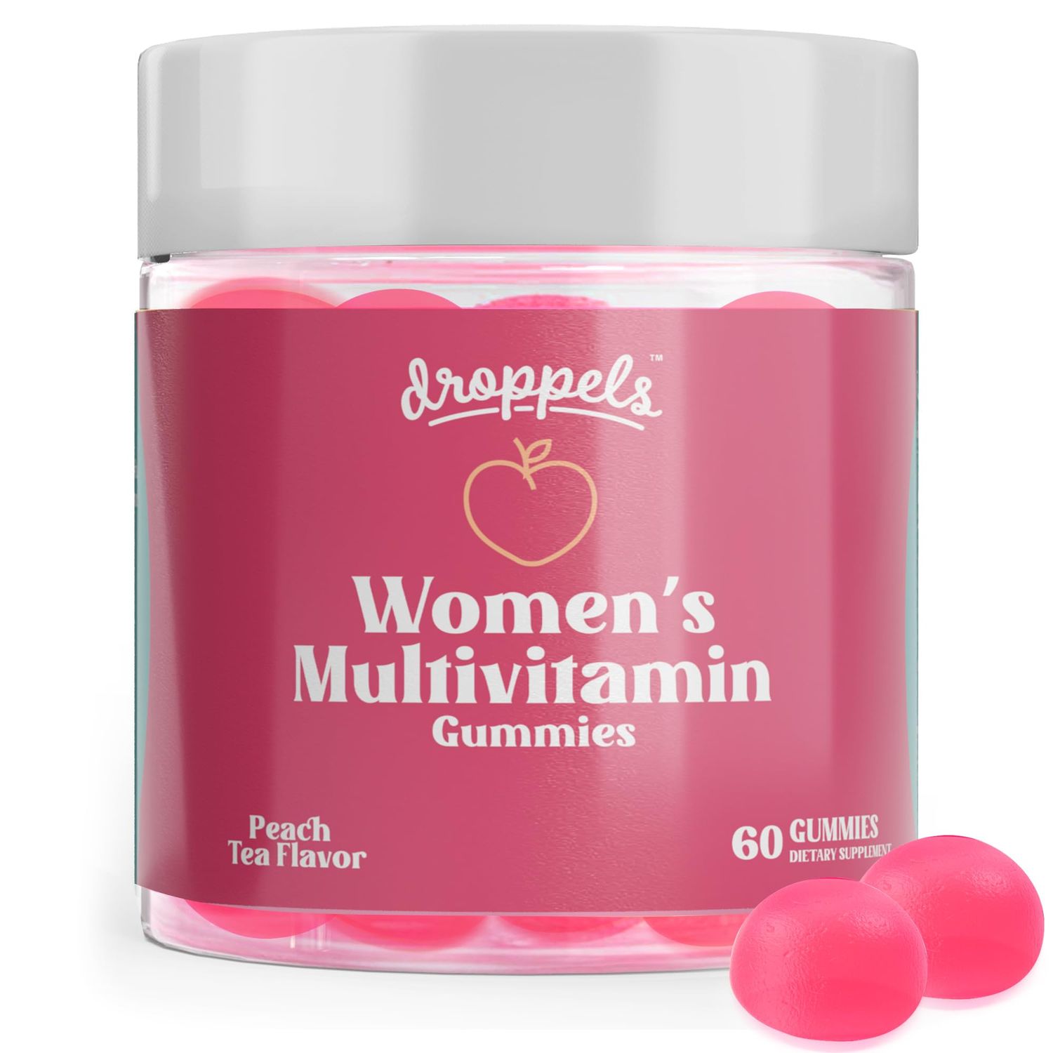 Droppels Women&#39;s Multivitamin Gummies with Folic Acid, Vitamins A, D, C, E, K, B6, B12, Biotin More Vegan, Non-GMO Pectin-Based Daily Vitamins for Women Peach Tea Flavor, 60 Count