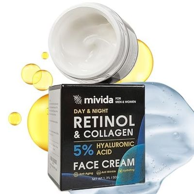 Retinol Collagen Face Cream with 5 Hyaluronic-Acid Anti-Aging Day Night Moisturizer for Women Men Reduces Wrinkles, Fine Lines, Dryness - 1.7 fl oz