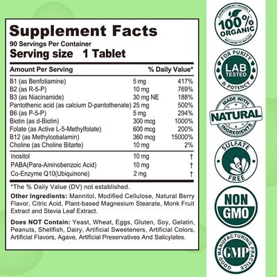 Sugar Free Vitamin B Complex with Methyl B12, MethylFolate, B6, B1, B2, B3, Fast Dissolve Highly Bioavailable Methylated B Complex Supplement for Energy Levels, Neural System, Vegan,180 Tablets