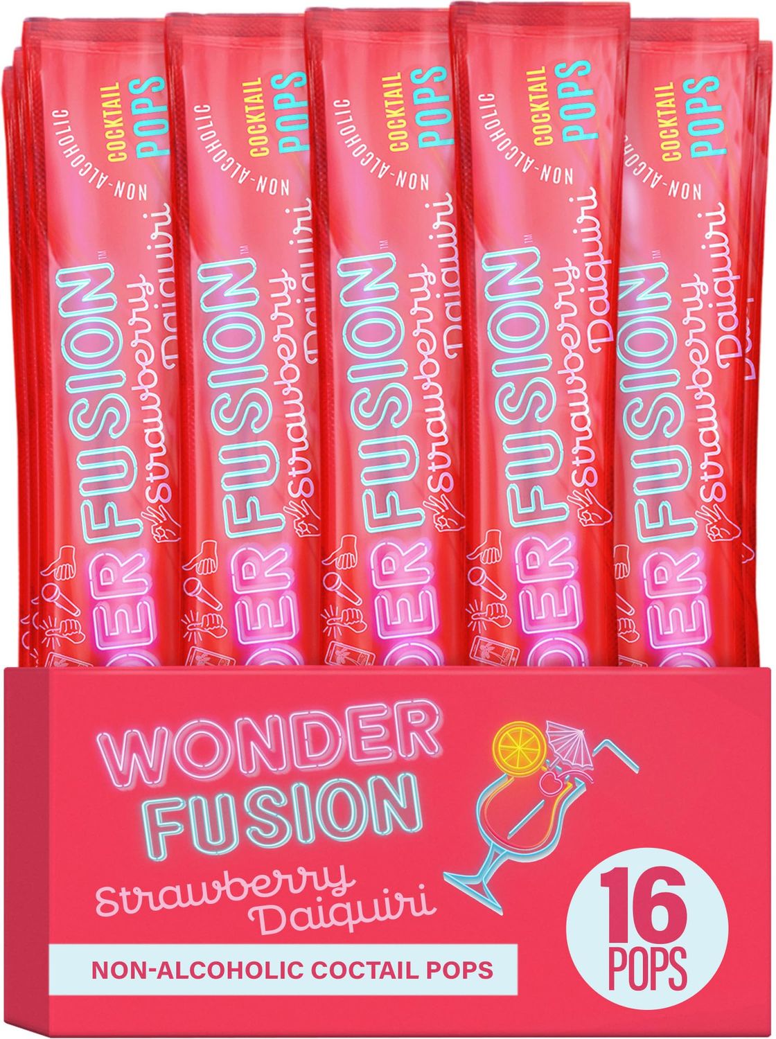 Wonder Fusion Non-Alcoholic Strawberry Daiquiri Cocktail Freeze Pops - 16 Ice Pops Refreshing Freezer Bars Great for the Beach, BBQs, Picnics, Parties Kosher