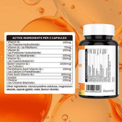 OxyEnergy Mega Vitamin B Complex for Women and Men, with Choline Inositol Biotin Folic Acid B1 B2 B3 B5 B6 B12, Neurological Health Support Cellular Energy - 90 Capsules,45Days Supply