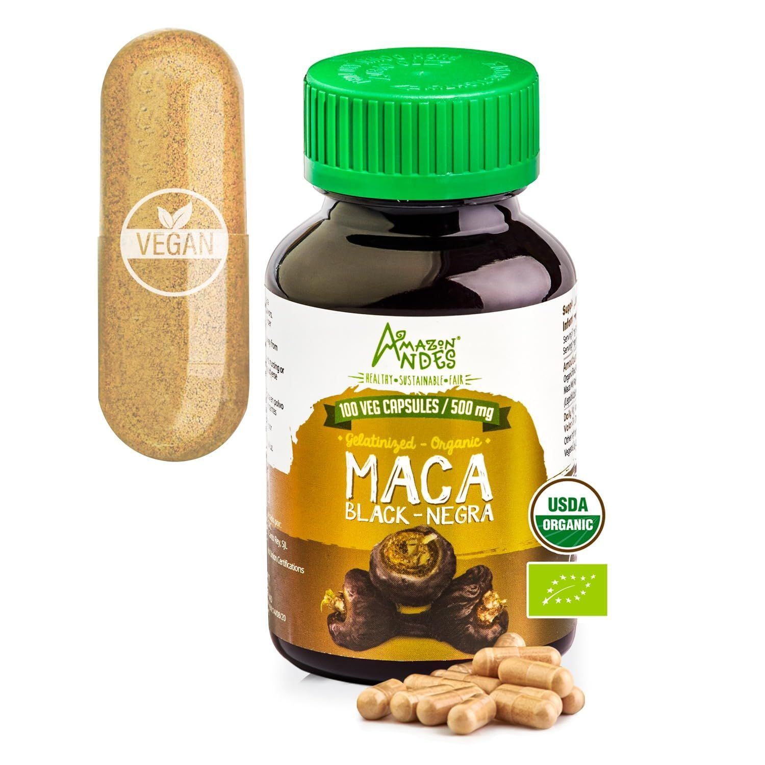 Black Maca Root Capsules l Organic Vegan Pills l 1500mg per Serving l Reproductive Health for Men l Natural Energy Booster l Adaptogen Function l Non GMO and Gluten Free l Amazon Andes