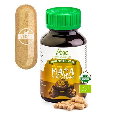 Black Maca Root Capsules l Organic Vegan Pills l 1500mg per Serving l Reproductive Health for Men l Natural Energy Booster l Adaptogen Function l Non GMO and Gluten Free l Amazon Andes