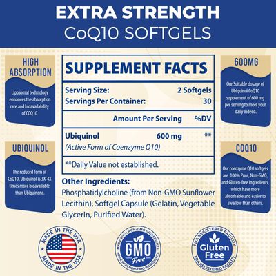 Liposomal CoQ10 Ubiquinol 600mg Softgels Superior Absorption Ubiquinol CoQ10 Supplement Powerful Active Antioxidant Form of Coenzyme Q10 Heart Function Energy Production 120 Softgels
