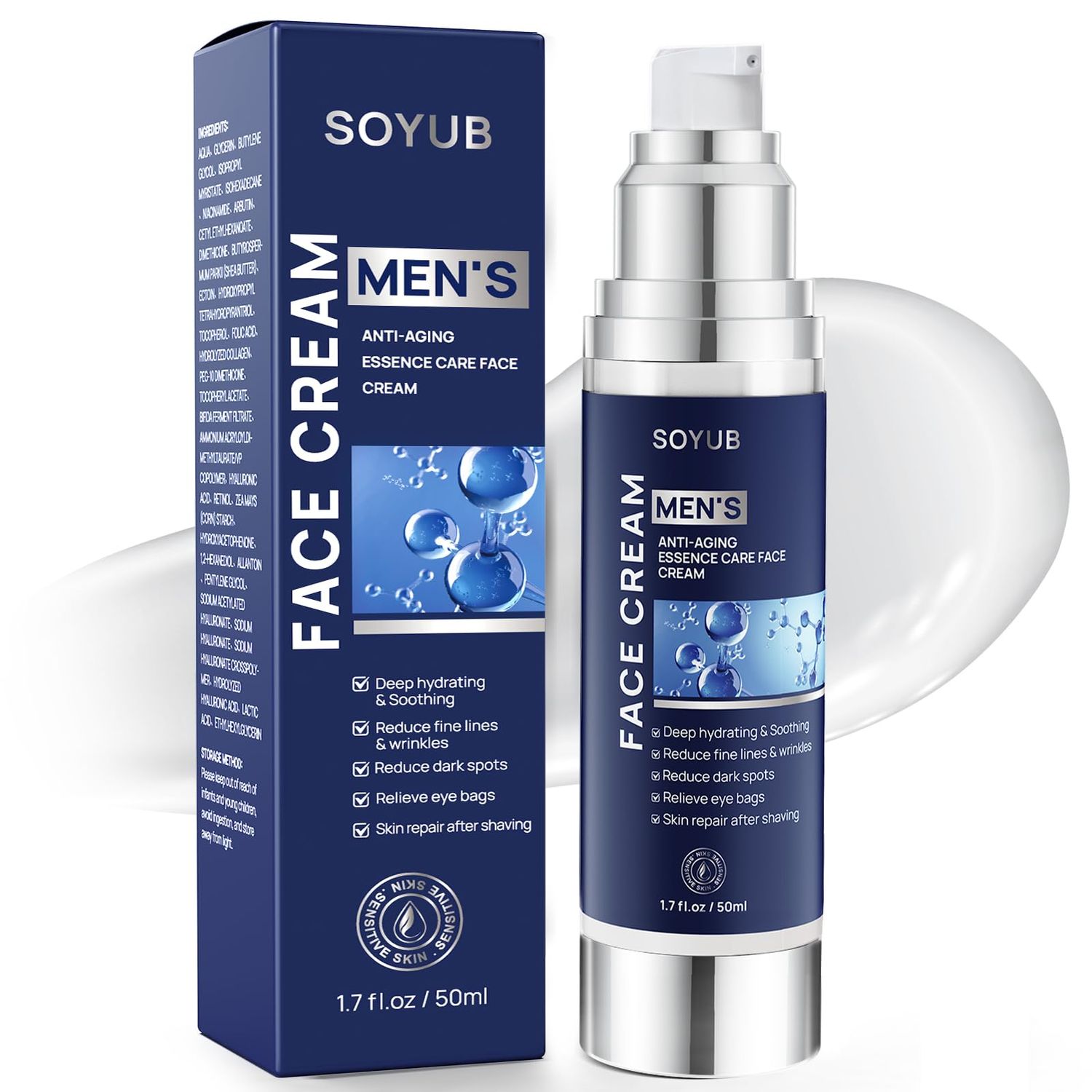 PHIEDE 6-in-1 Face Cream for Men, with Hyaluronic Acid, Vitamins E, Collagen - Anti Aging Wrinkle Mens Face Moisturizer, Eye Bags Treatment, Soothing After Shave Lotion Cream -1.7 oz