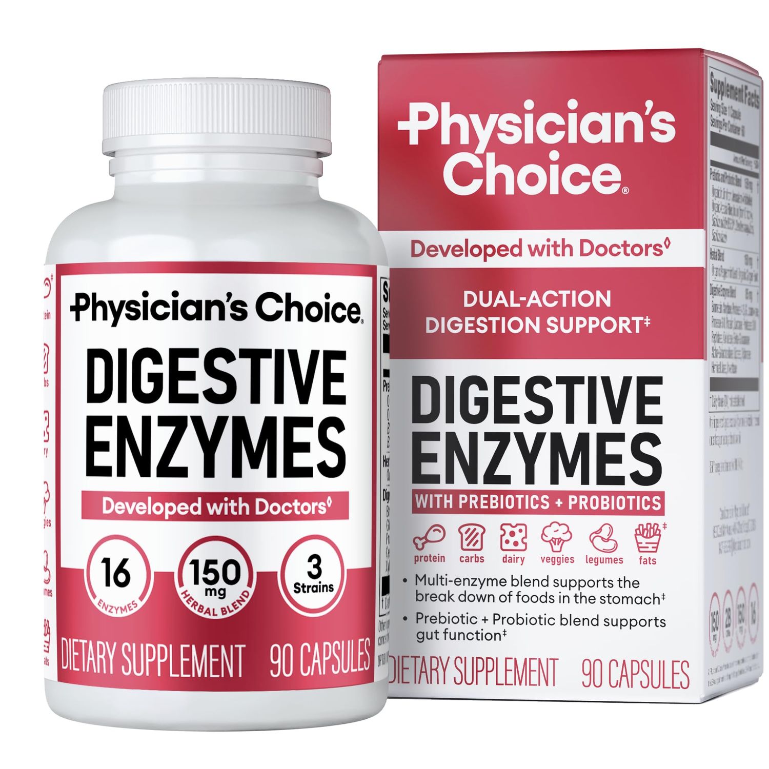 Physician&#39;s CHOICE Digestive Enzymes - Multi Enzymes, Organic Prebiotics Probiotics for Digestive Health Gut Health - Meal Time Discomfort Relief Bloating - Dual Action Approach - 90 CT