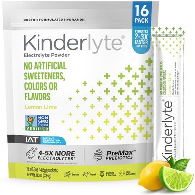 Kinderlyte Advanced Electrolyte Powder Drink Mix, Hydration Packets, PreMax Prebiotics, No Artificial Sweeteners or Flavors, No Synthetic Dyes, Non-GMO, for Kids and Adults, Lemon Lime (16 Count)