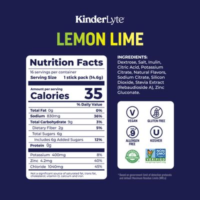 Kinderlyte Advanced Electrolyte Powder Drink Mix, Hydration Packets, PreMax Prebiotics, No Artificial Sweeteners or Flavors, No Synthetic Dyes, Non-GMO, for Kids and Adults, Lemon Lime (16 Count)