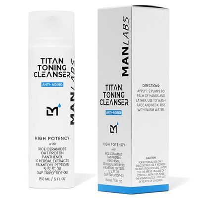 Man Labs Titan Toning Face Cleanser for Men - Anti Aging Men&#39;s Facial Wash with Herbal Extracts, Ceramides and Peptides - Hydrating Antioxidant Soap for All Skin Types - Unscented, 5 Fl Oz